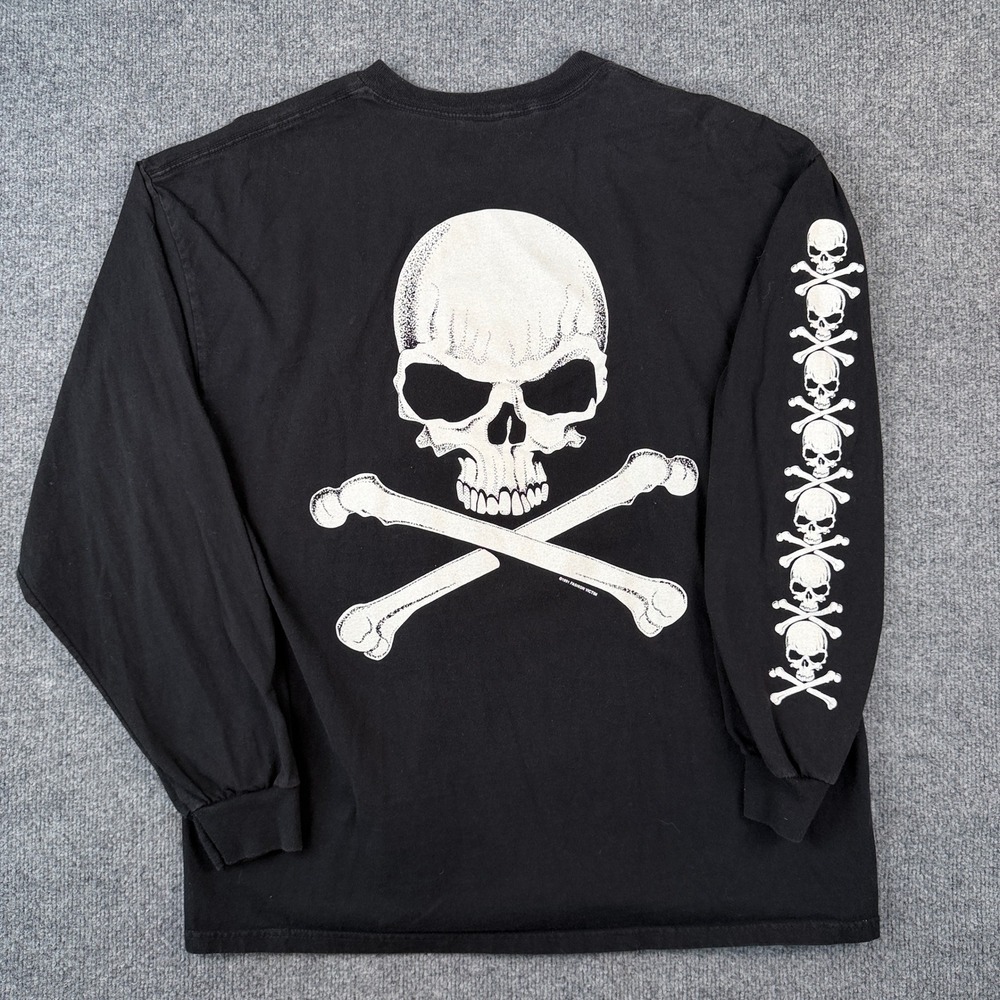 Vintage Fashion Victim T Shirt Mens XL Black Long Sleeve Hits Skulls Crossbones